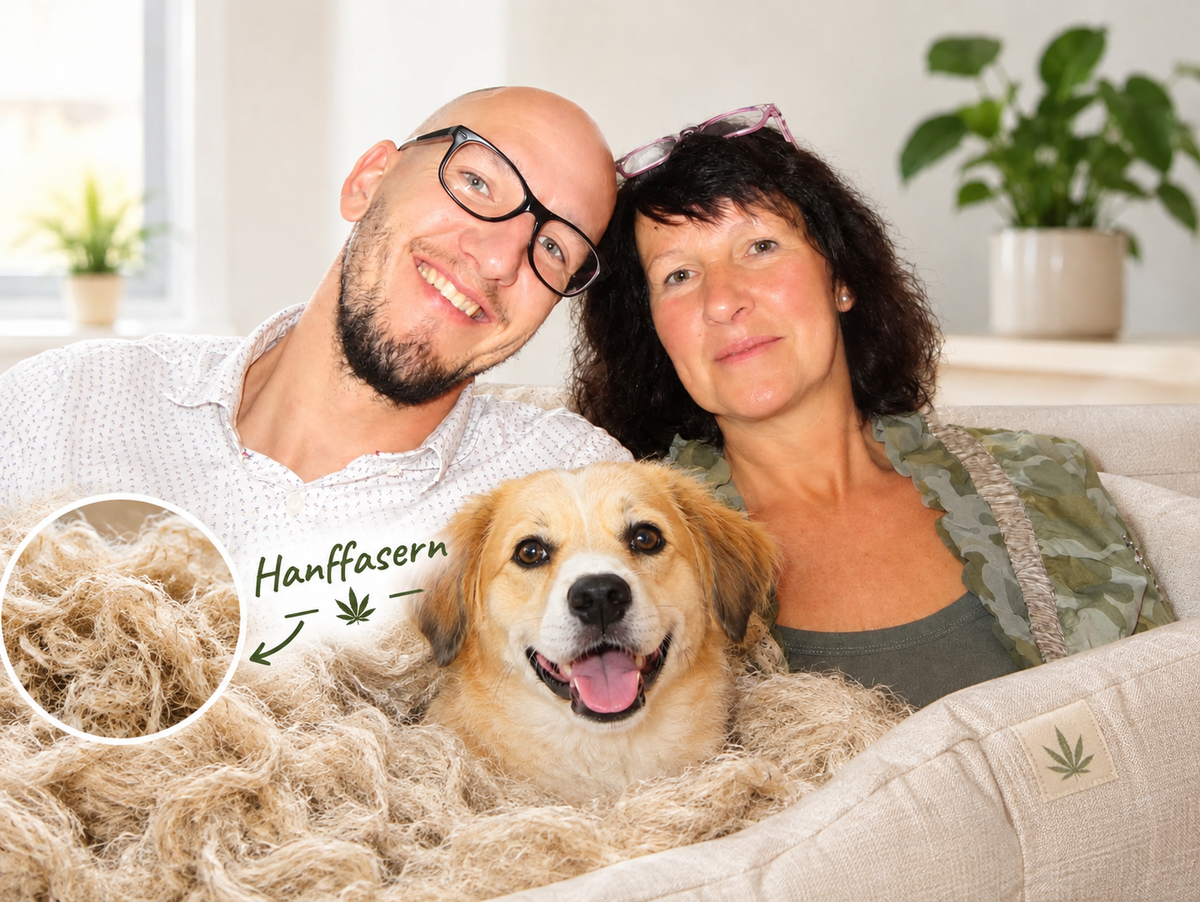 Familienfoto mit Hund und Ausschnitt Hanffasern