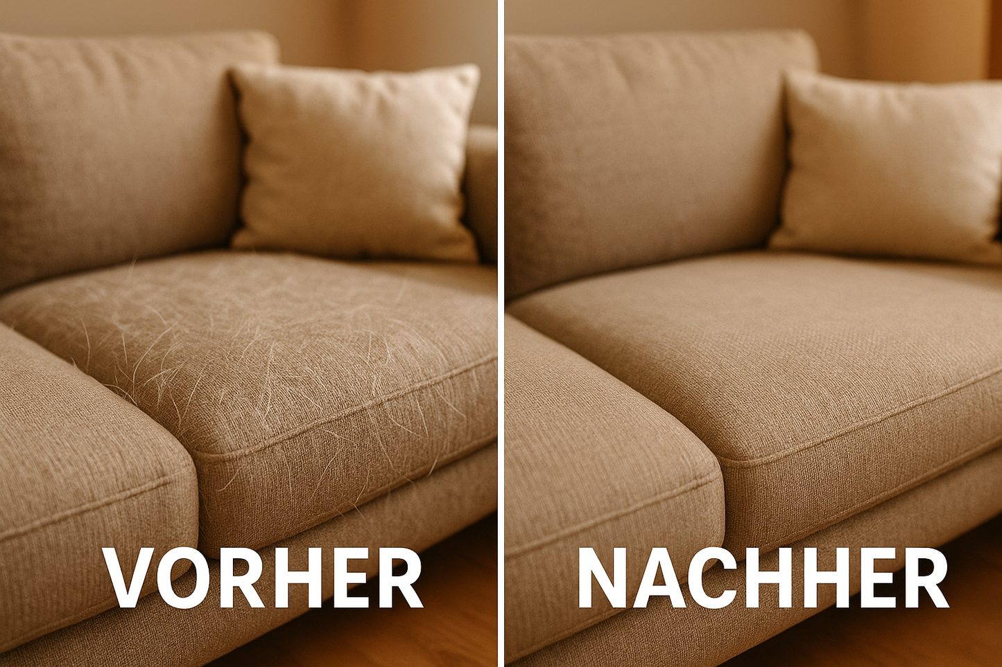 Vorher nachher Bild Kissen auf dem Sofa eines mit Tierhaare, eines ohne Tierhaare