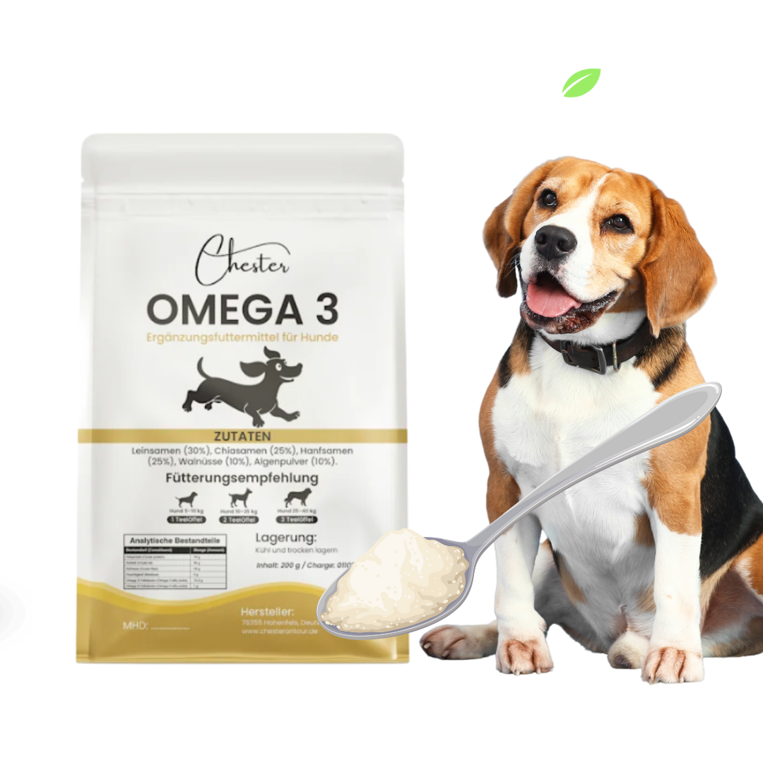 Hund sitzt, daneben ein Nahrungsergänzer Omega 3