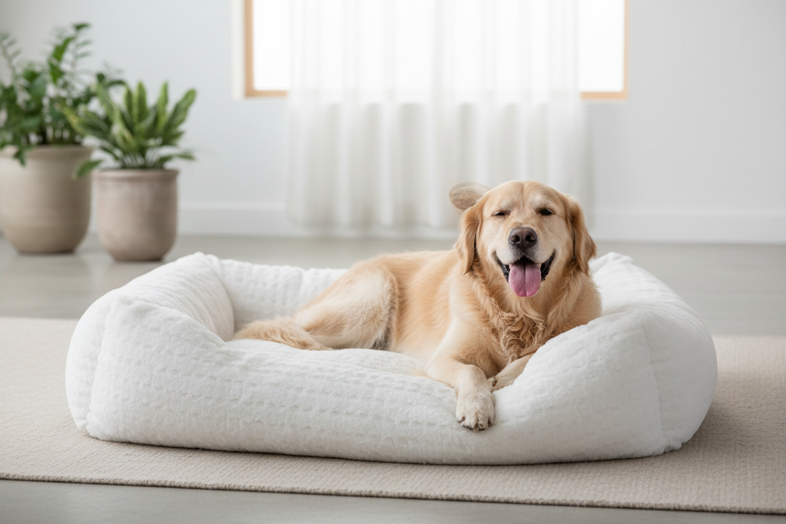 Hund in einem orthopädischen Hundebett Farbe Creme, Made in Germany