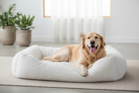Hund in einem orthopädischen Hundebett Farbe Creme, Made in Germany