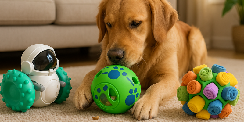 Hund mit drei verschiedenen Spielzeugen