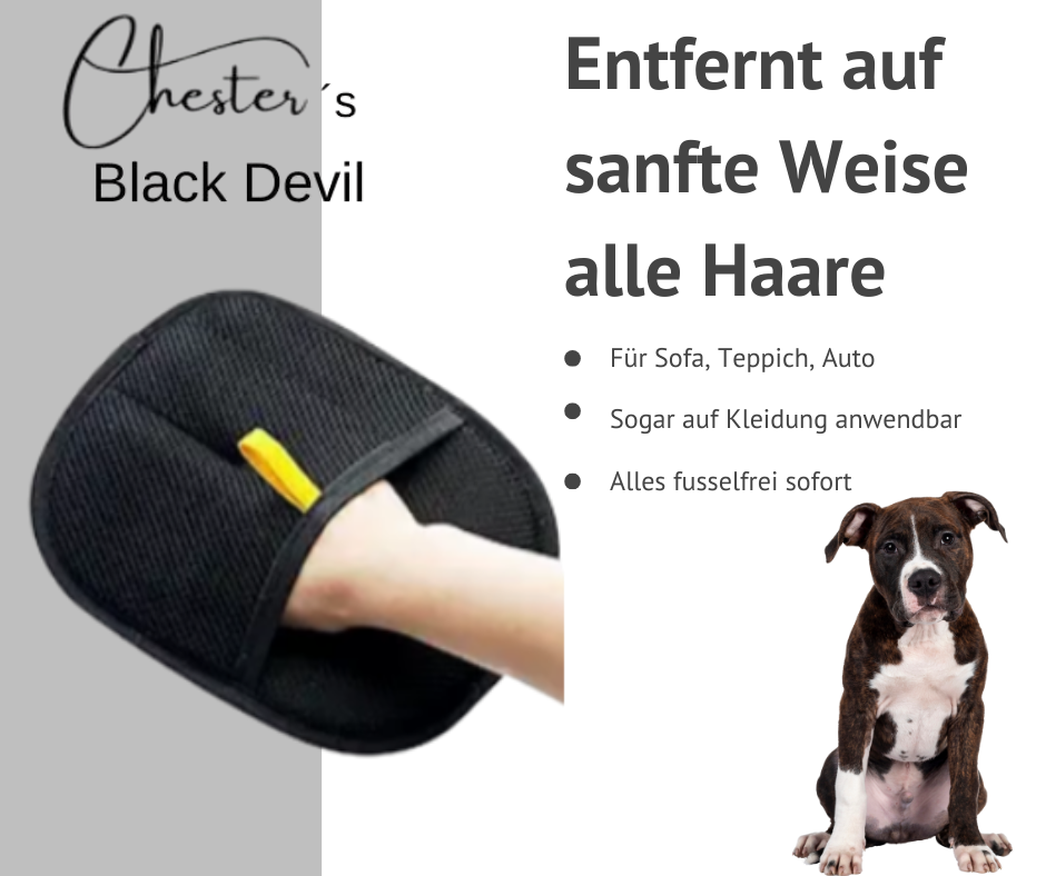 Chesters Black Devil Tierhaarentferner Text: Entfernt auf sanfte Weise alle Haare Abbildung mit Hund