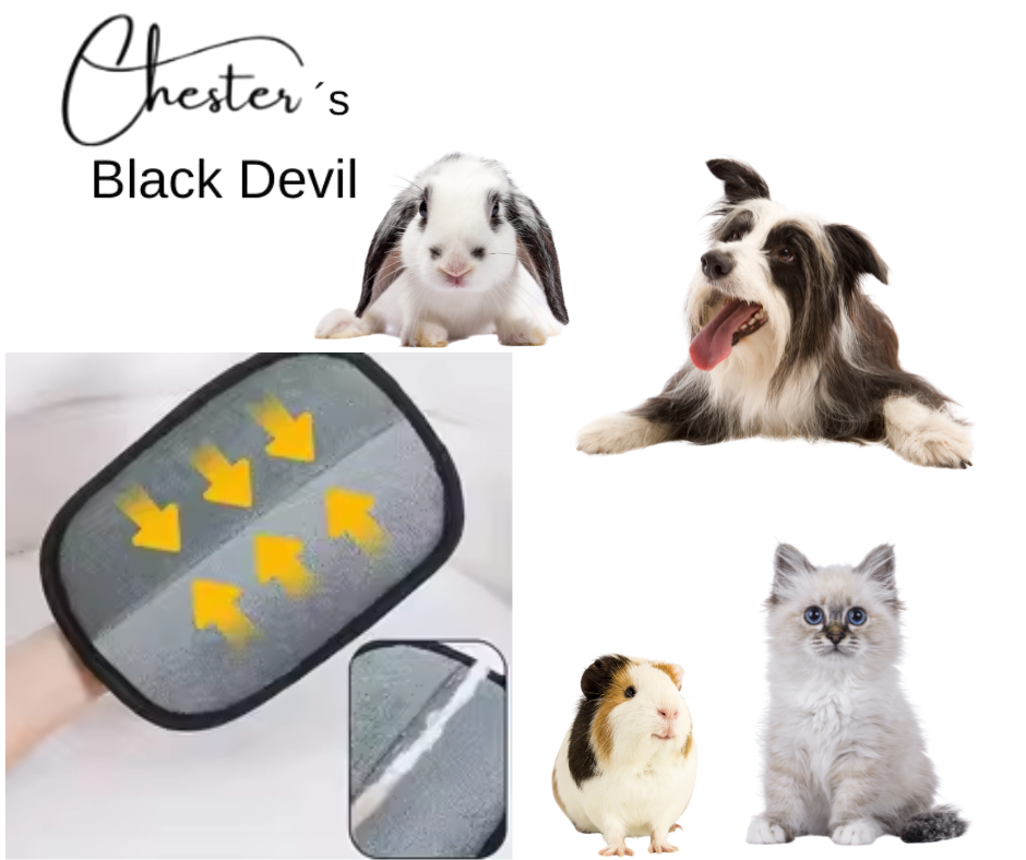 Black Devil Tierhaarentferner zeigt die Innenseite mit den gesammelten Haaren. Abbildung Kaninchen, Meerschwein, Hund, Katze