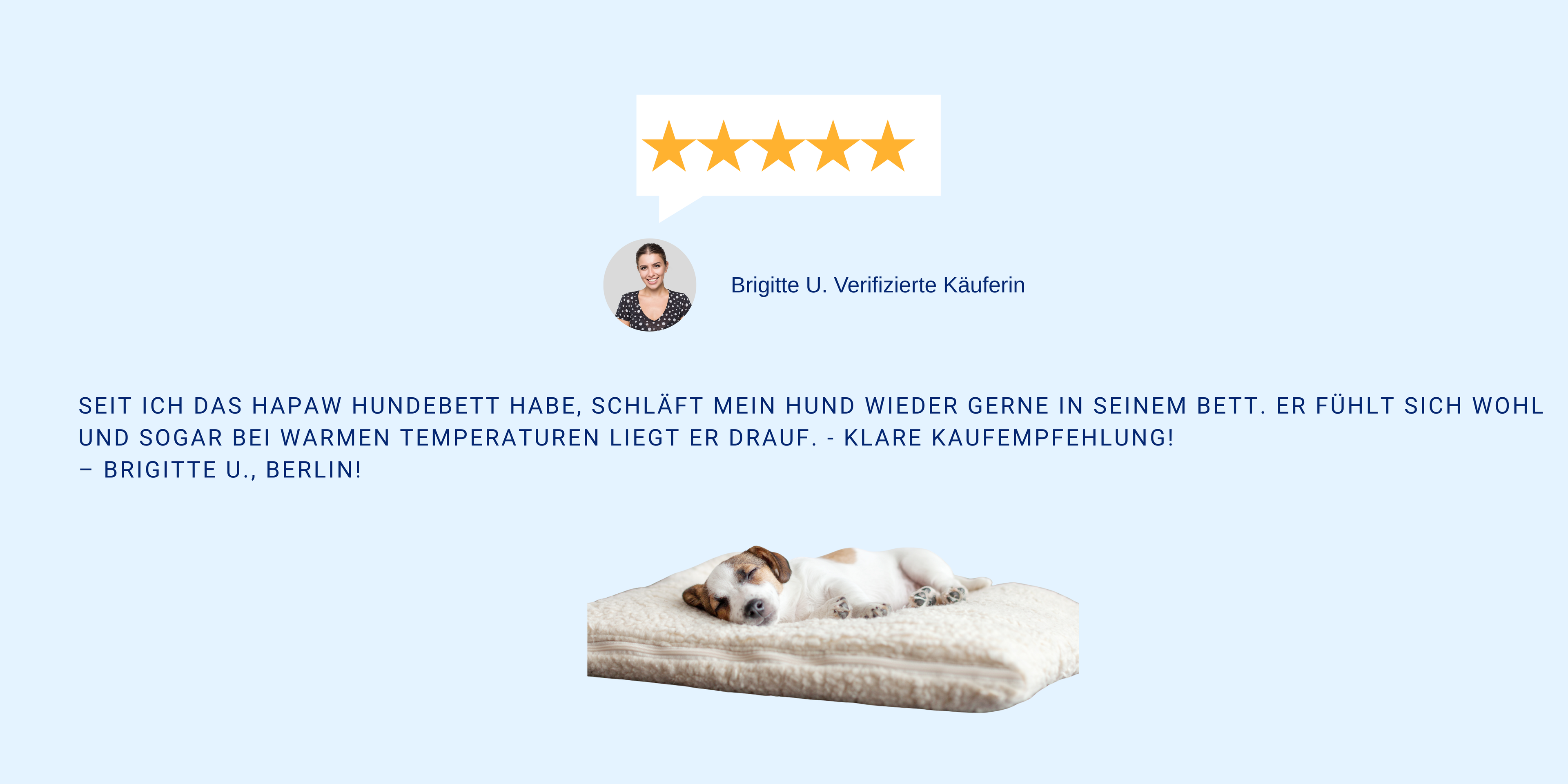 Kundenmeinung: 5 Sterne, verifizierte Käuferin, darunter ein entspannter Hund auf einem Hundebett mit Hanffüllung