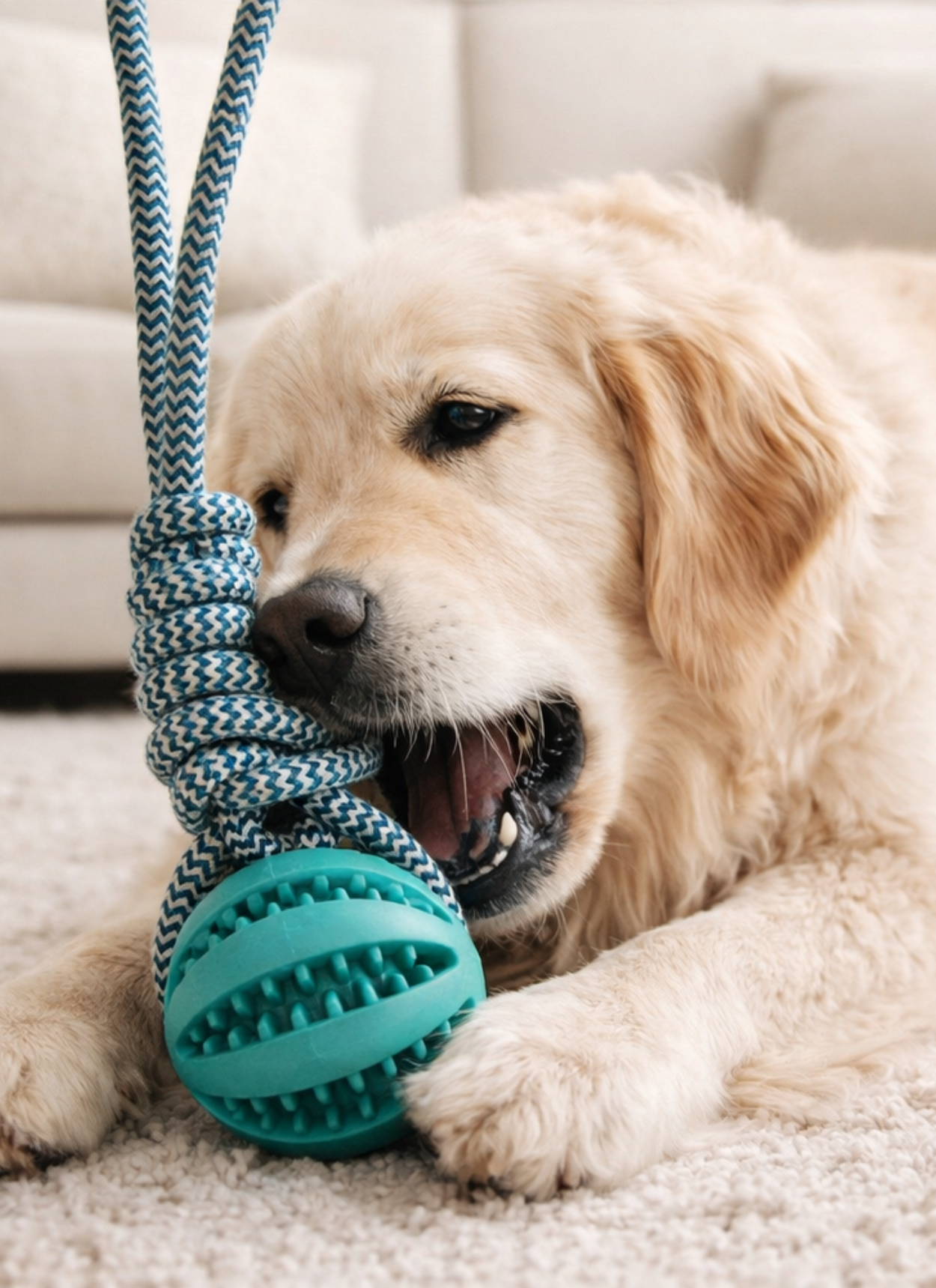 Ball für Hunde am Tau, mit Leckerliausgabe