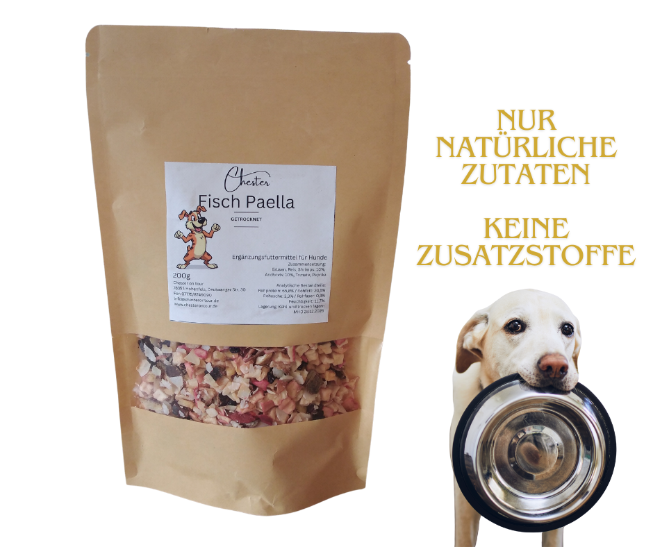 Barf Fisch Paella Trockenfutter für Hunde im Beutel mit Fenster, natürliche Zutaten, keine Zusätze, Hund mit Napf als Deko