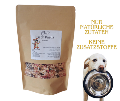 Barf Fisch Paella Trockenfutter für Hunde im Beutel mit Fenster, natürliche Zutaten, keine Zusätze, Hund mit Napf als Deko