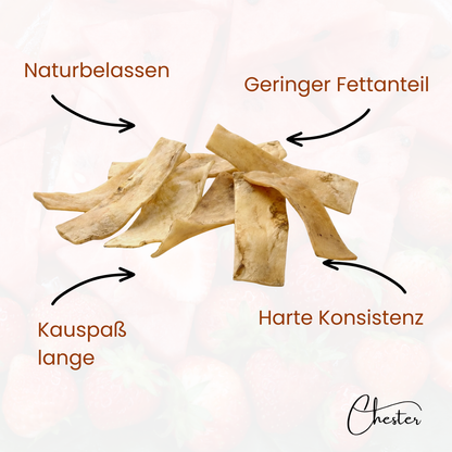 Büffelhaut Kaustreifen mit Hinweisen: Naturbelassen, Geringer Fettanteil, Kauspaß lange, Harte Konsistenz