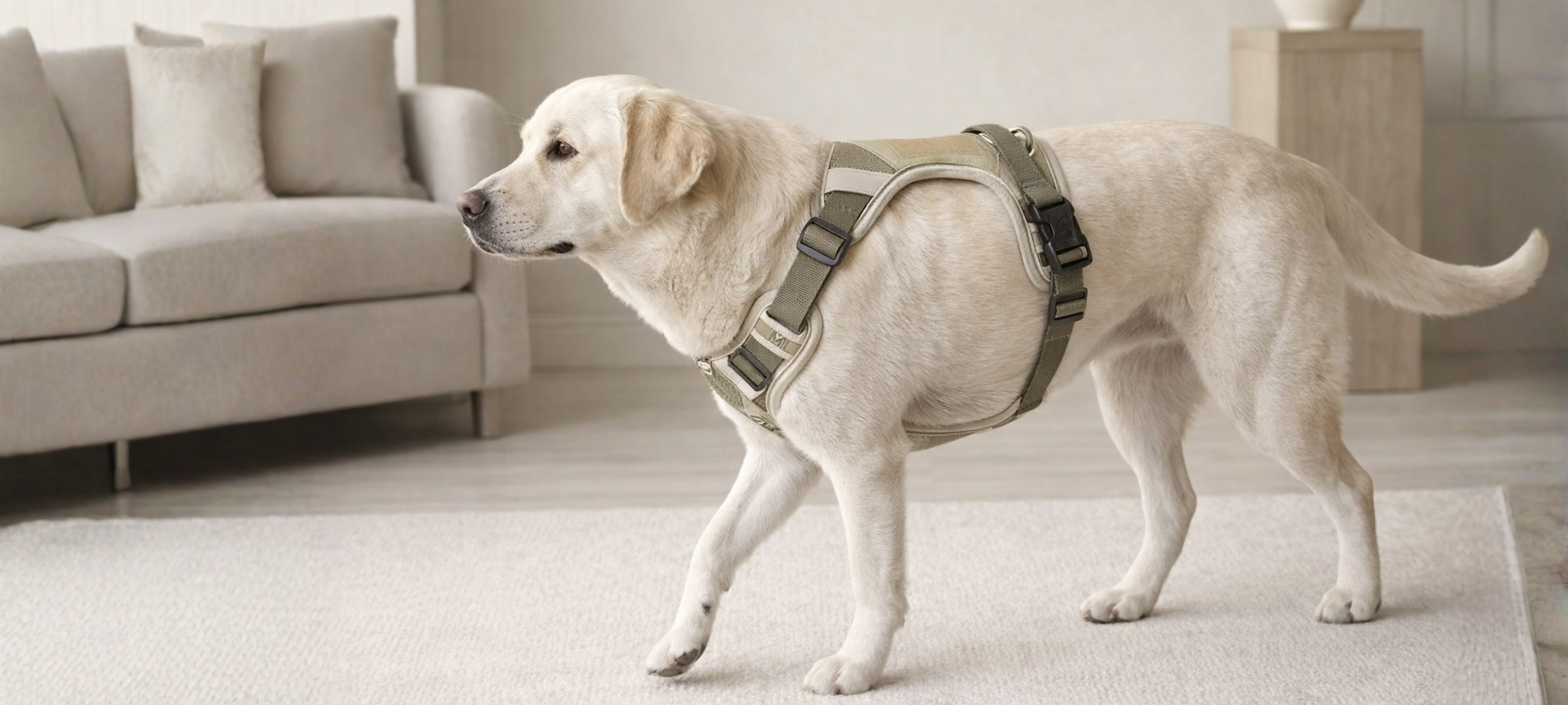 Heller Hund im Wohnzimmer trägt beigefarbenes Hundegeschirr