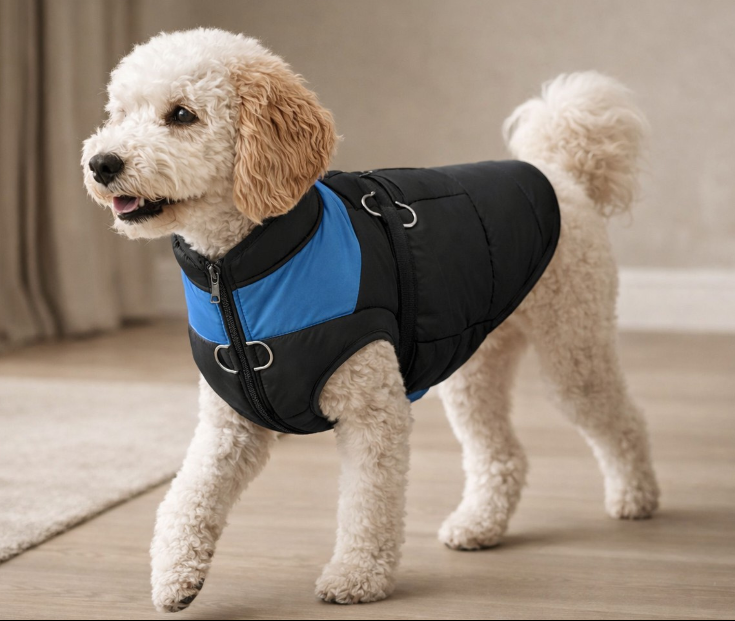 Hundemantel in Blau am Pudel Nahaufnahme