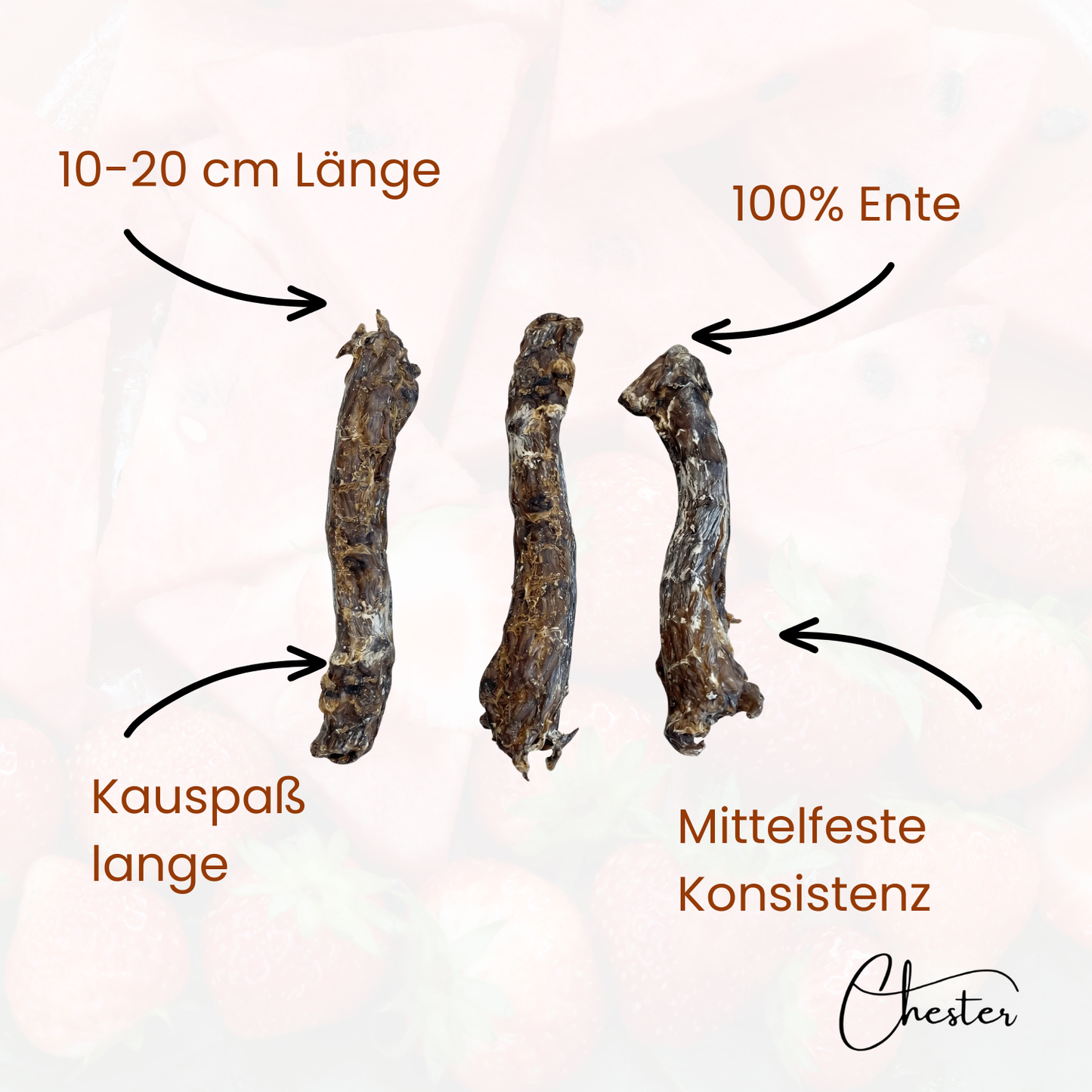 Entenhälse mit Pfeil-Beschreibung: 10-20 cm Länge, 100% Ente, Kauspaß lange, Mittelfeste Konsistenz
