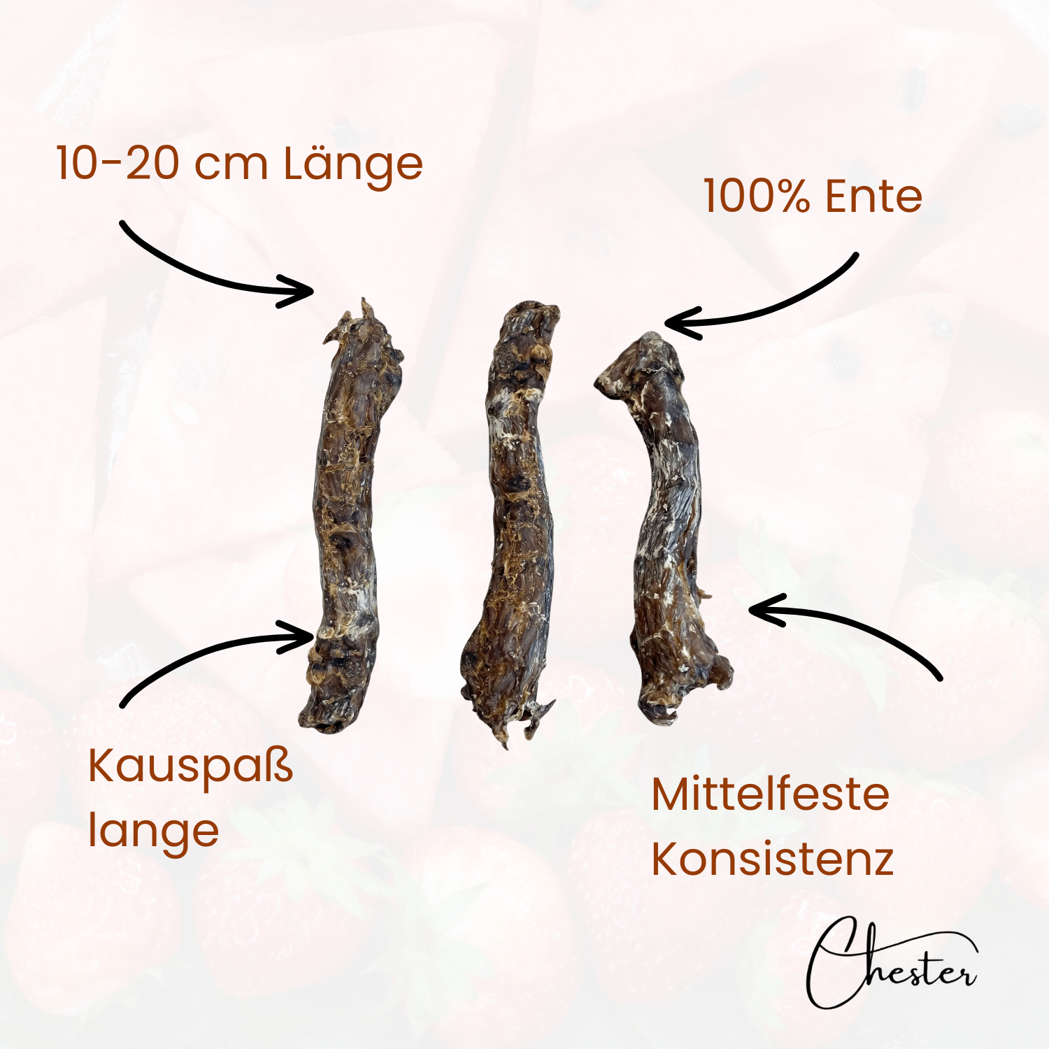 Entenhälse mit Pfeil-Beschreibung: 10-20 cm Länge, 100% Ente, Kauspaß lange, Mittelfeste Konsistenz