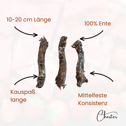 Entenhälse mit Pfeil-Beschreibung: 10-20 cm Länge, 100% Ente, Kauspaß lange, Mittelfeste Konsistenz