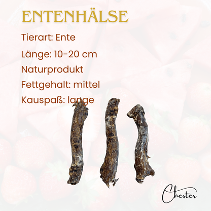 Abbildung 3 Entenhälse getrocknet, Text: Tierart: Ente, Länge 10-20cm, Naturprodukt, Fettgehalt mittel, Kauspaß lange