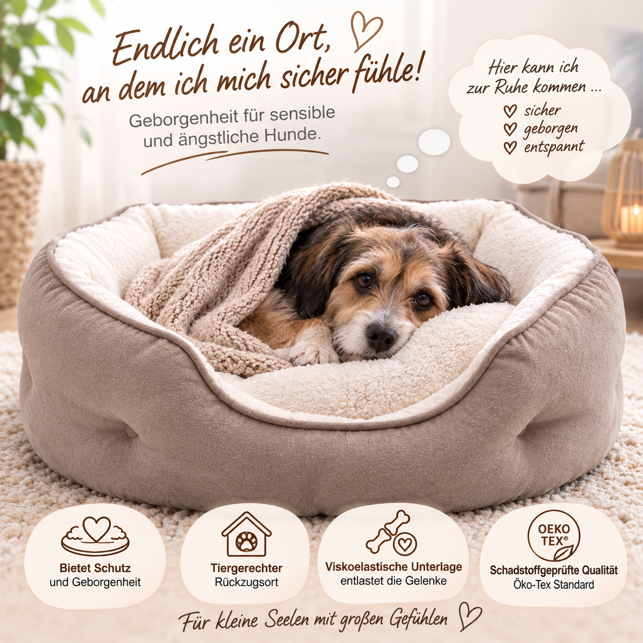 Ergo Wohl orthopädisches Hundebett beige, kuschelig kleiner Hund mit Decke - endliche ein Ort an dem ich mich sicher fühle