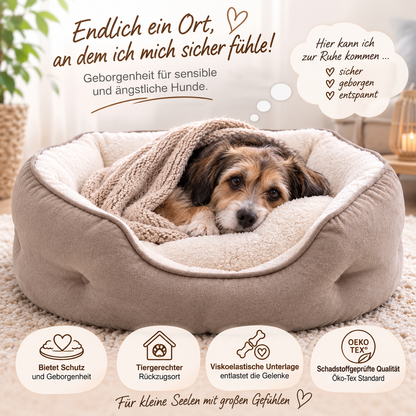 Ergo Wohl orthopädisches Hundebett beige, kuschelig kleiner Hund mit Decke - endliche ein Ort an dem ich mich sicher fühle