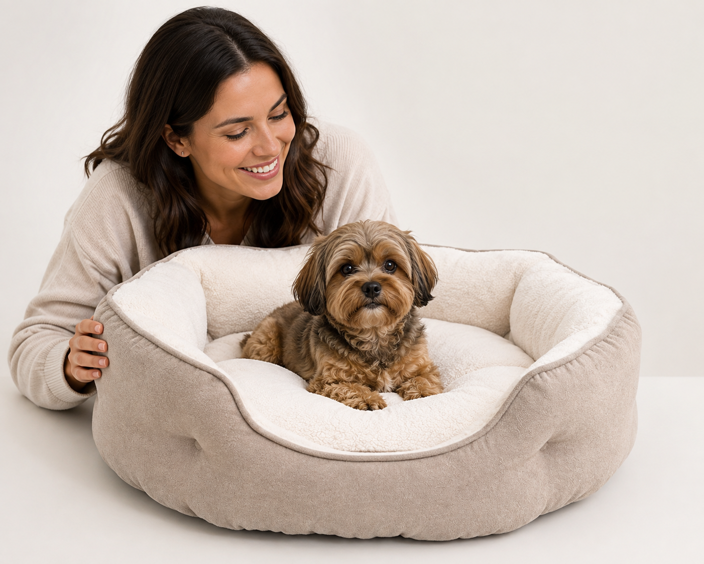 Ergo Wohl orthopädisches Hundebett beige mit kleinem Hund und Frau