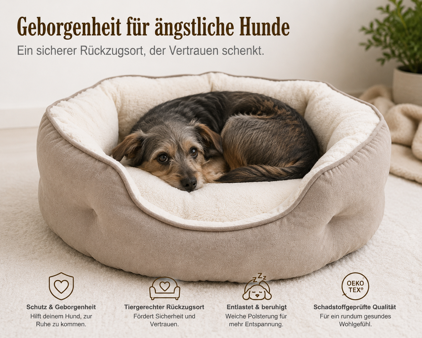 Ergo Wohl orthopädisches Hundebett beige, kuschelig, rund, mit Hund - Ein sicherer Rückzugsort, der Vertrauen schenkt