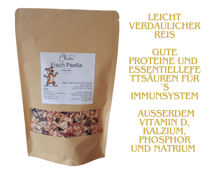 Fisch Paella 400g Trockenfutter für Hunde mit Beschreibung: leicht verdaulicher Reis, essentielle Fettsäuren
