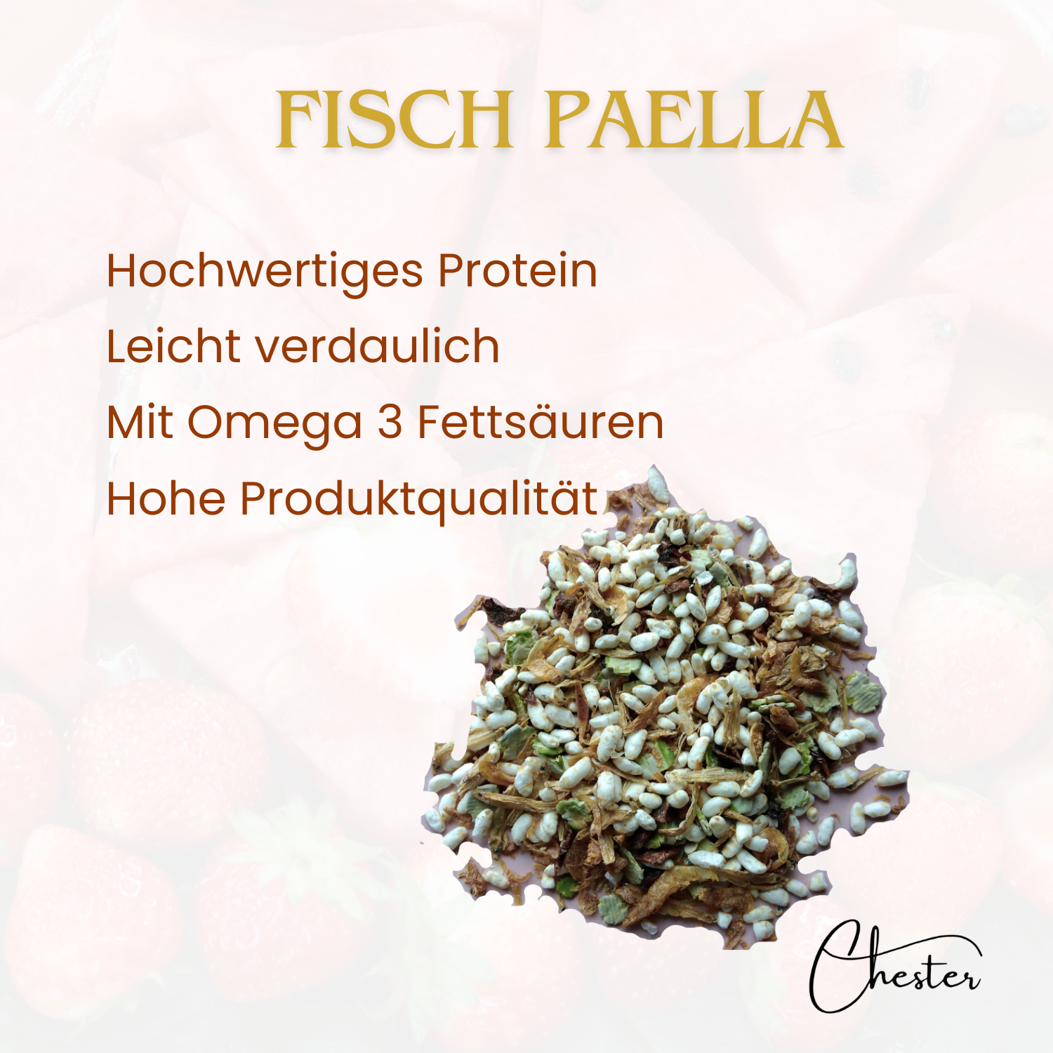 Barf Fisch Paella Text: hochwertiges Protein, leicht verdaulich, mit Omega 3 Fettsäuren, Hohe Produktqualität