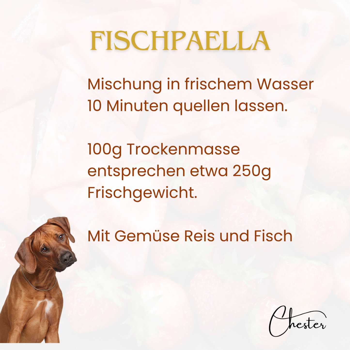 Fischpaella Text: Mischung in frischem Wasser 10 Min. quellen lassen, 100g Trockenmasse entsprechen etwa 250g Frischgewicht