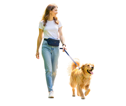 Frau mit Bauchtasche und Hund an der Leine