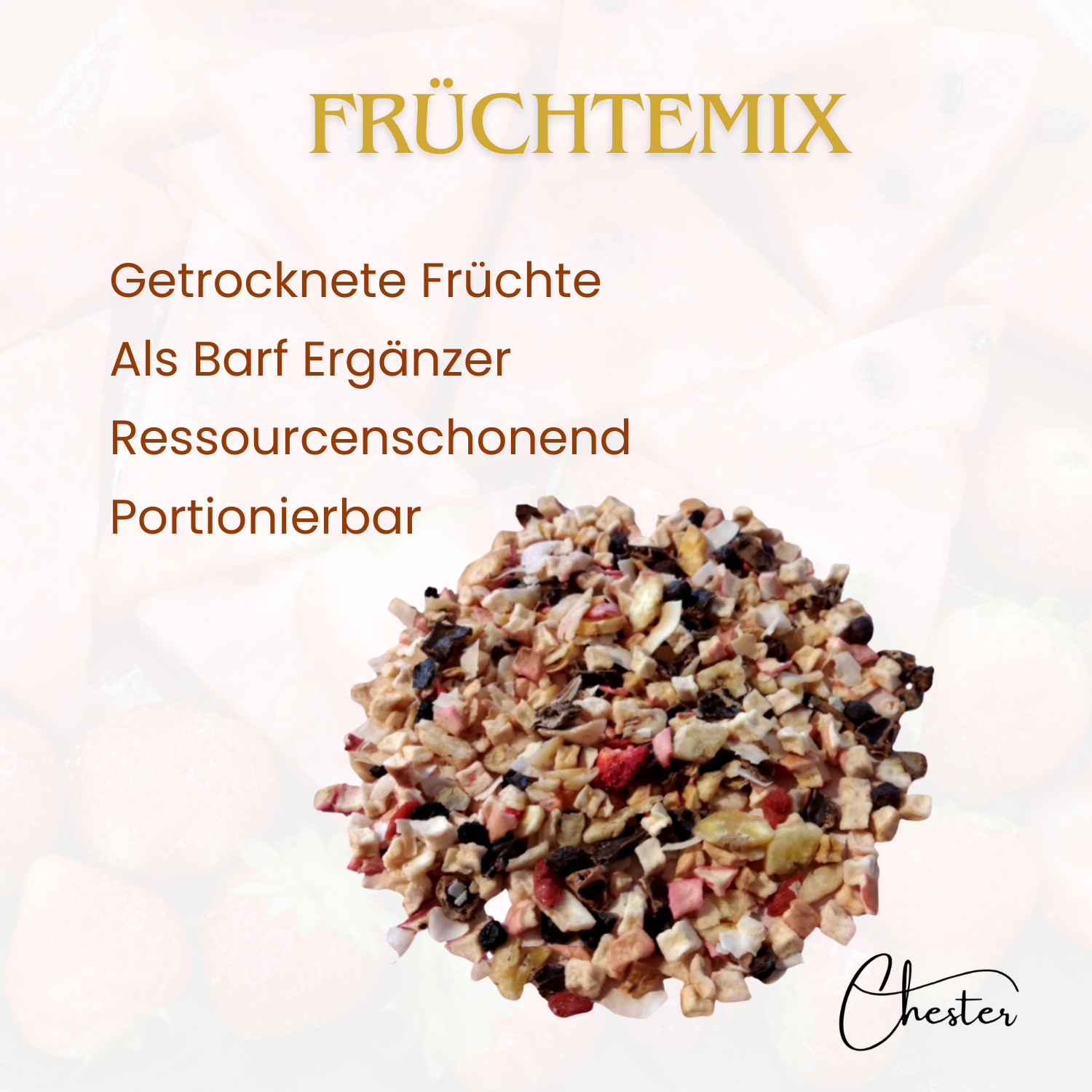 Früchtemix-Trockfutter im Vordergrund, Text: Getrocknete Früchte, Als Barf Ergänzer, Ressourcenschonend, Portionierbar