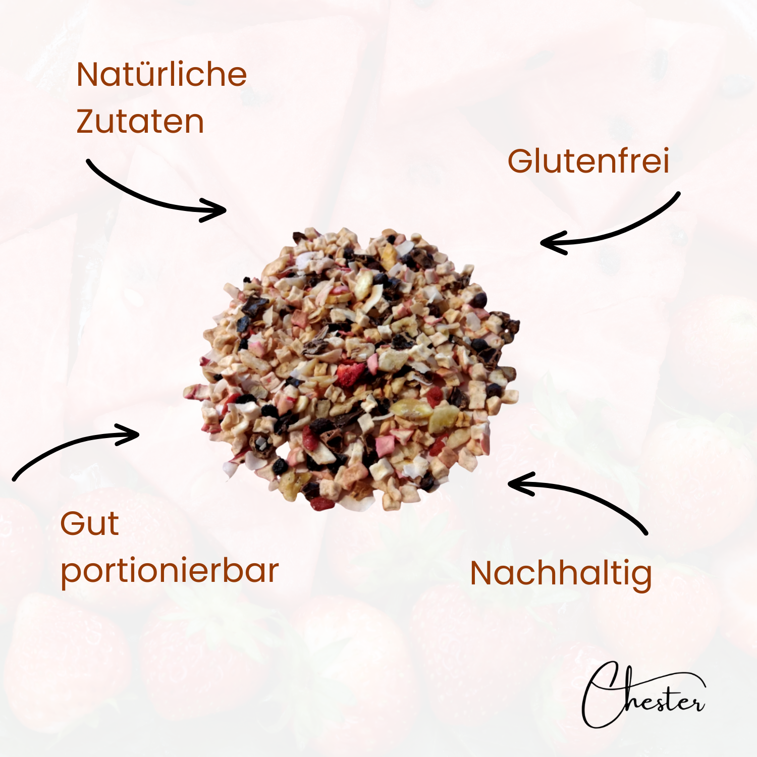 Im Vordergrund: Früchtemischung getrocknet, Pfeilbeschreibung: Natürliche Zutaten, Glutenfrei, gut portionierbar, nachhaltig