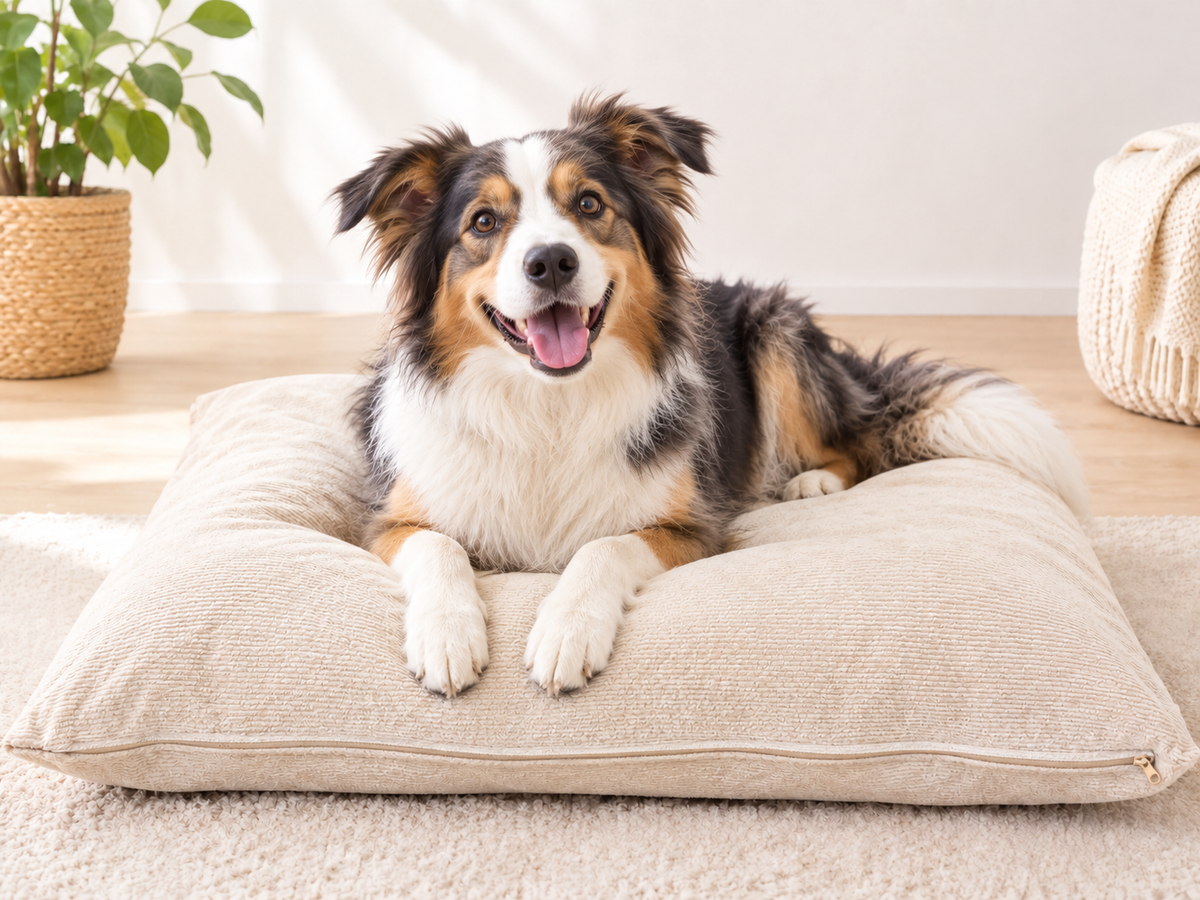 Hanf Hundebett hellbeige mit Hund darauf