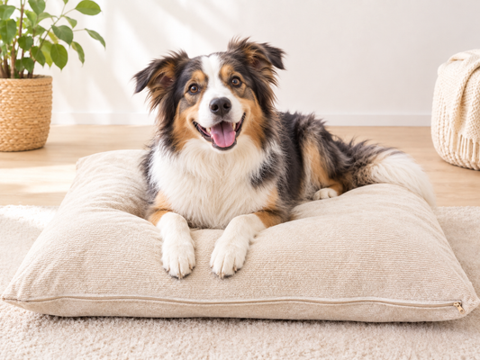 Hanf Hundebett hellbeige mit Hund darauf