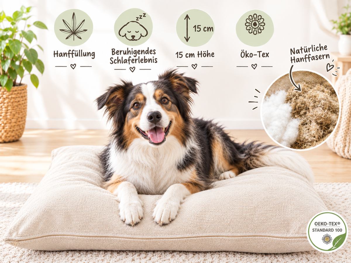 Hanf Hundebett beige mit Hund, Vorteile der Hanffaser erklärt