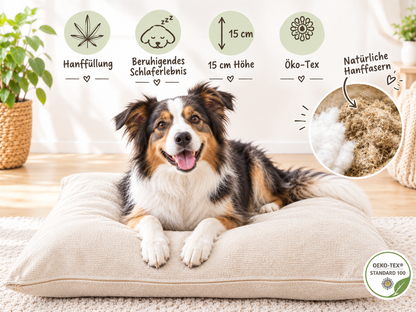 Hanf Hundebett beige mit Hund, Vorteile der Hanffaser erklärt