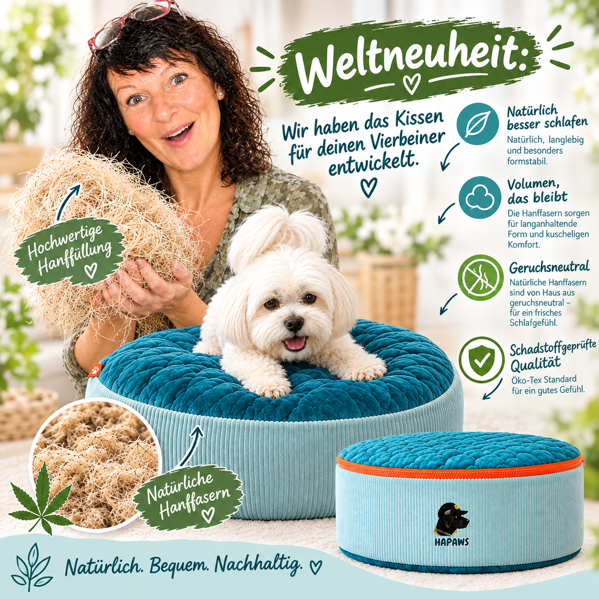 Hanffaser Hundekissen Weltneuheit mit Fasern, mit Herstellerin, viel Text Geruchsneutral, Volumen das bleibt