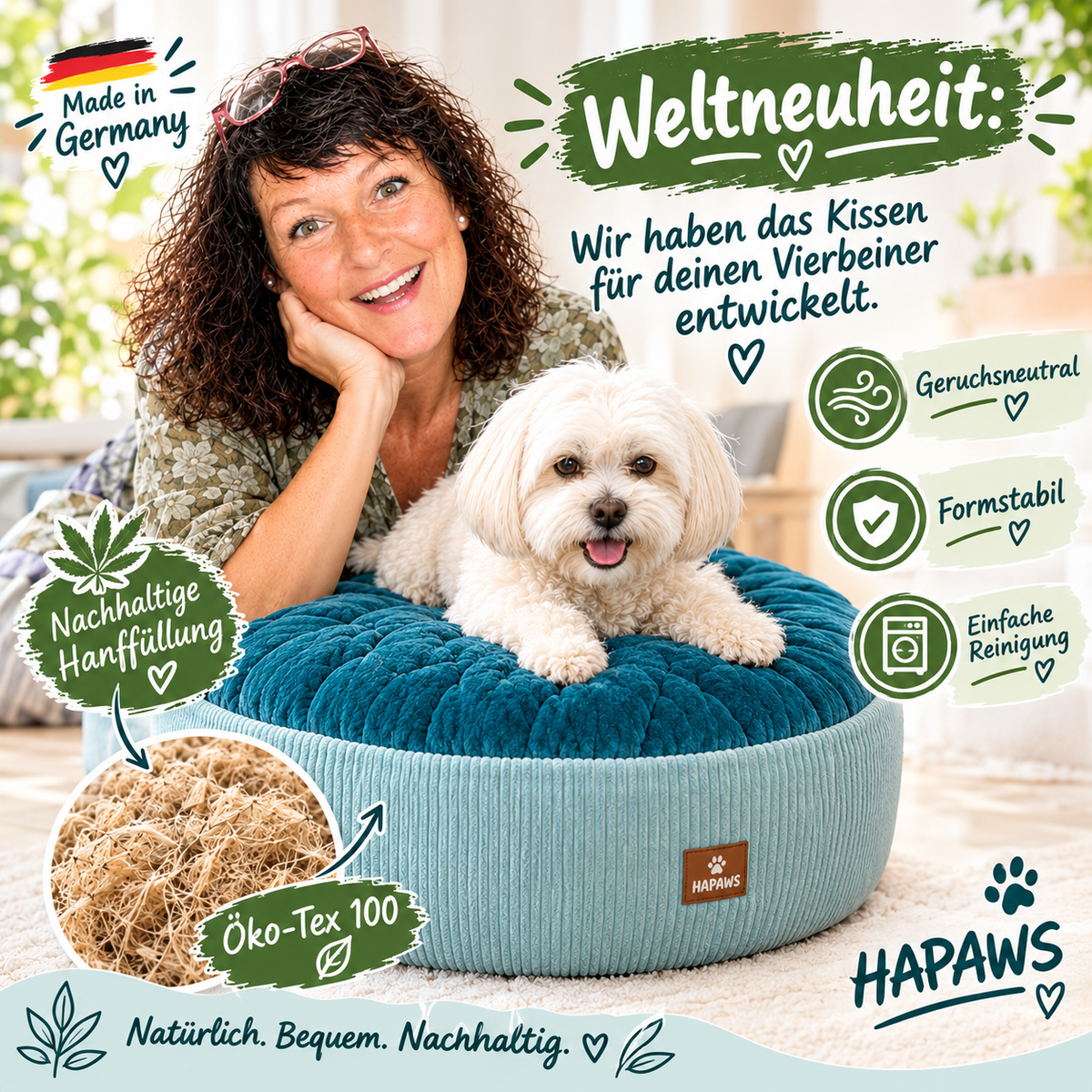 Hanffaser Hundekissen Petrol geruchsneutral formstabil, einfache Reinigung