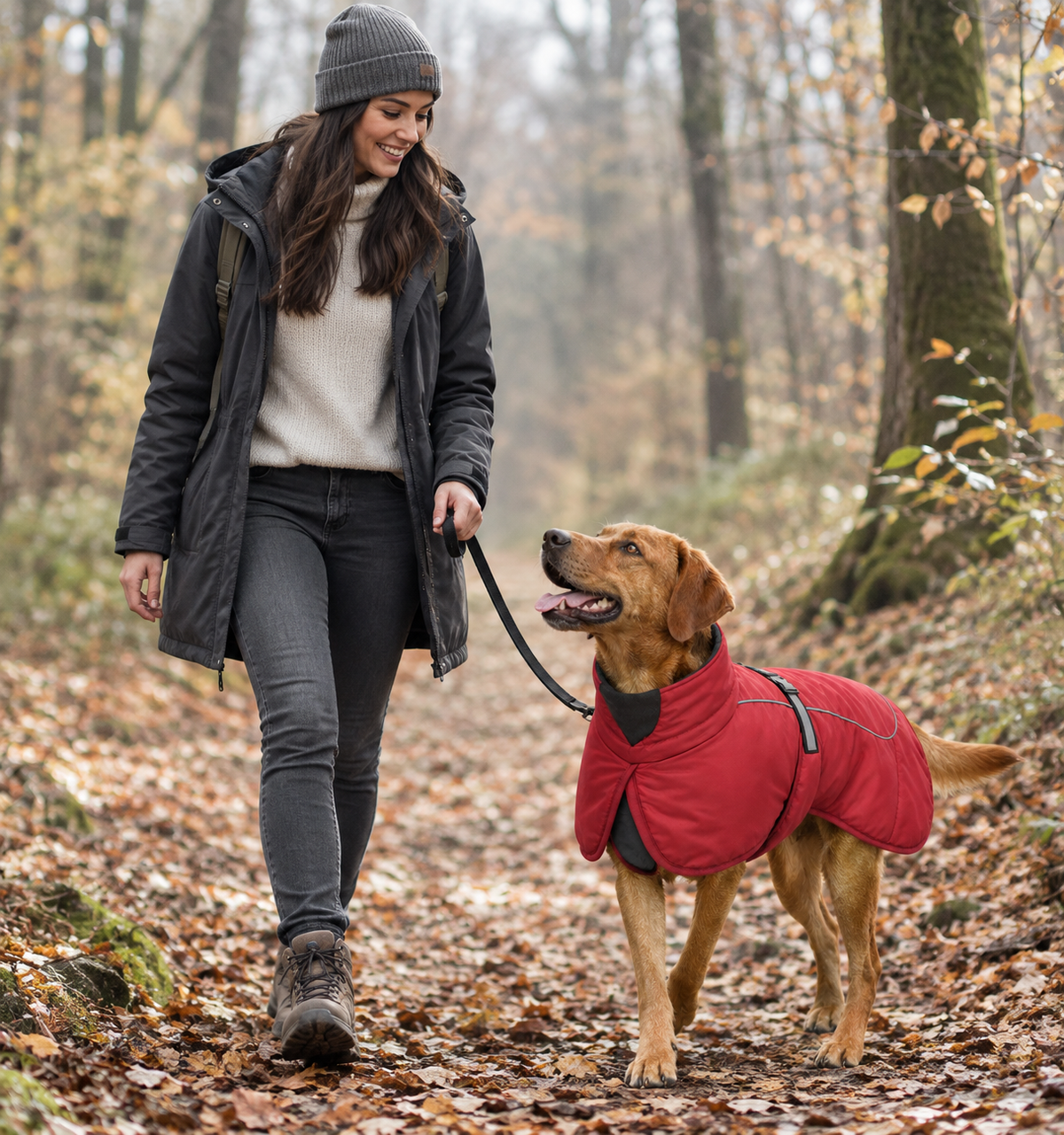 Parklandschaft herbstlich: Junge Frau mit mittelgroßem Hund an der Leine. Der Hund trägt einen roten Hundemantel