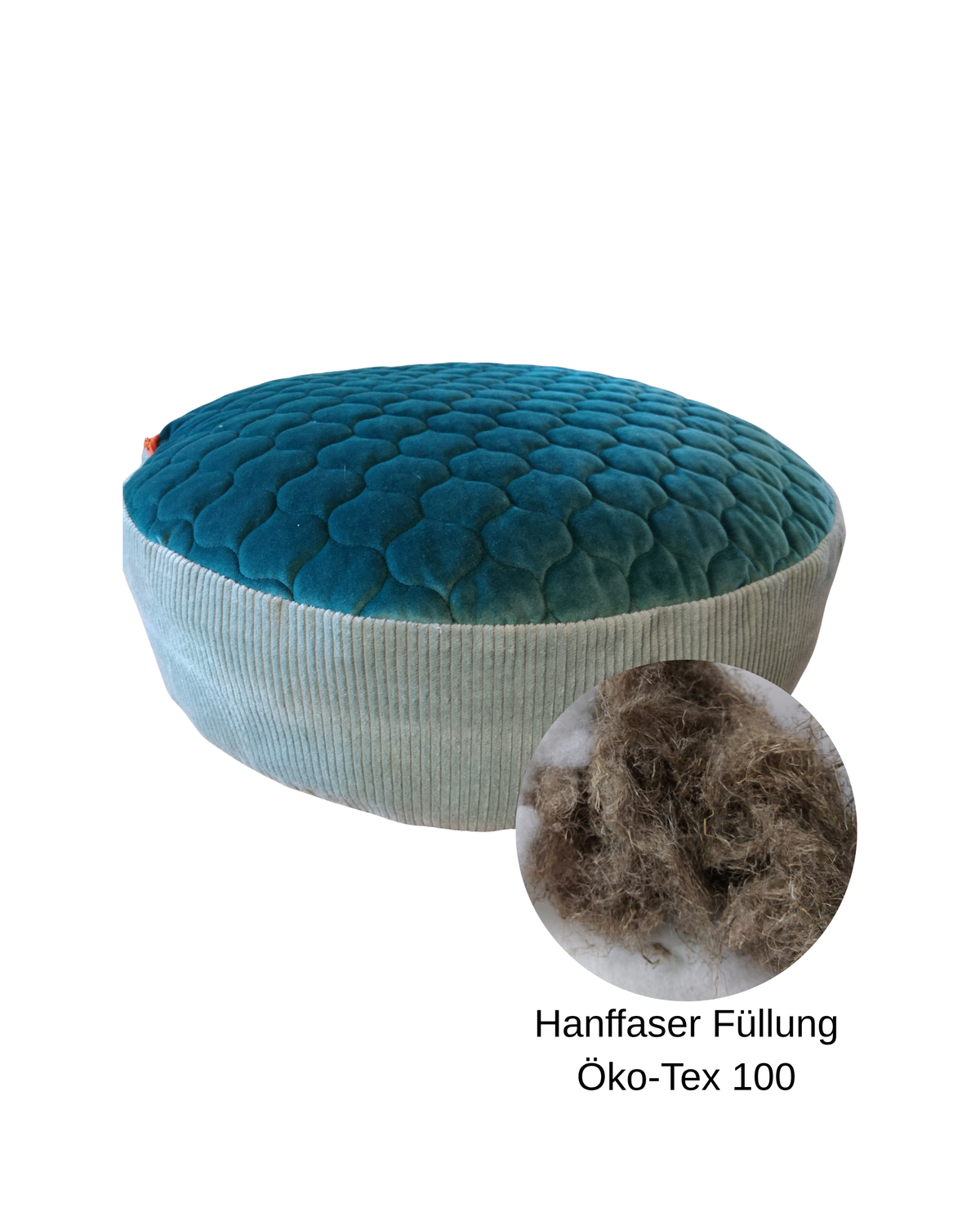 HempCloud Hundekissen Rund, Farbe Petrol Ausschnitt Faserfüllung Text Öko-Tex 100