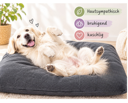 Hundebett mit Hanffüllung dunkelgrau, weißer Hund auf dem Rücken, Pfoten hoch. Text: Hautsymphatisch, beruhigend, kuschelig