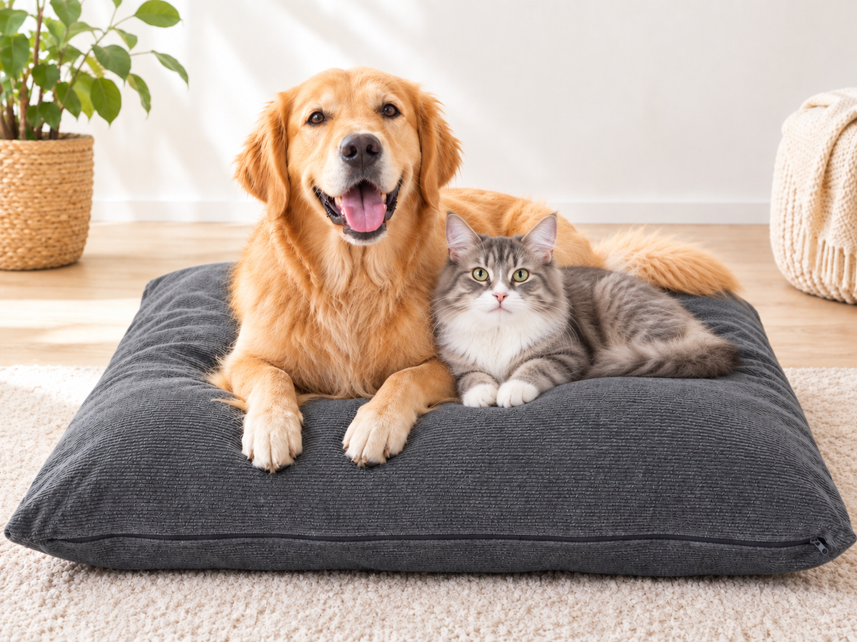 Hundekissen mit Hanffüllung Grau mit Hund und Katze