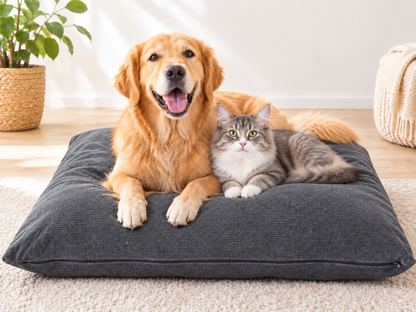 Hundekissen mit Hanffüllung Grau mit Hund und Katze