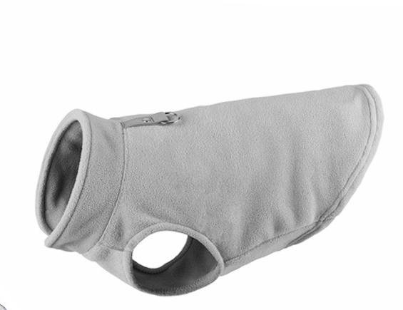Hundemantel Microfleece hellgrau kleiner Stehkragen, Beinausschnitt, Befestigung für Hundeleine