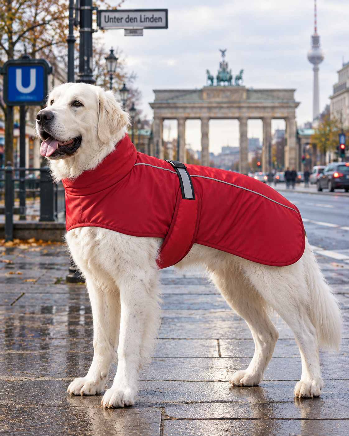 Roter Hundemantel an großem weißem Hund, Hintergrund Straßen und das Brandenburger Tor in Berlin