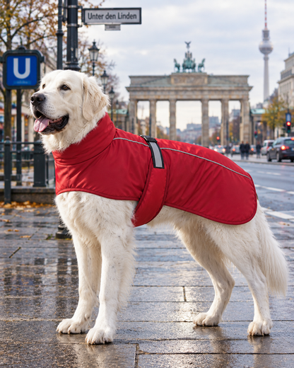 Roter Hundemantel an großem weißem Hund, Hintergrund Straßen und das Brandenburger Tor in Berlin
