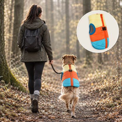 Hundemantel an Mischlingshund mit Frau im Wald