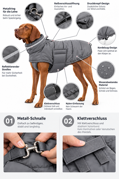 Mittig ein brauner Hund mit grauem Hundemantel. Ringsum Erklärung der Vorteile