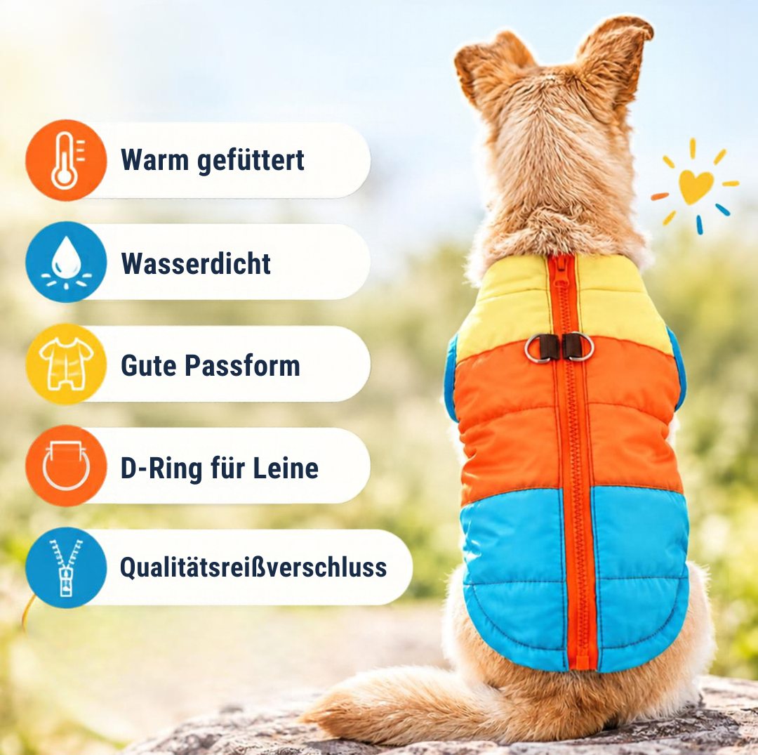 Rückansicht Hund mit farbigem Hundemantel: Vorteile: Warm gefüttert, Wasserdicht Gute Passform, D-Ring für Leine, Qualitätsreißverschluss