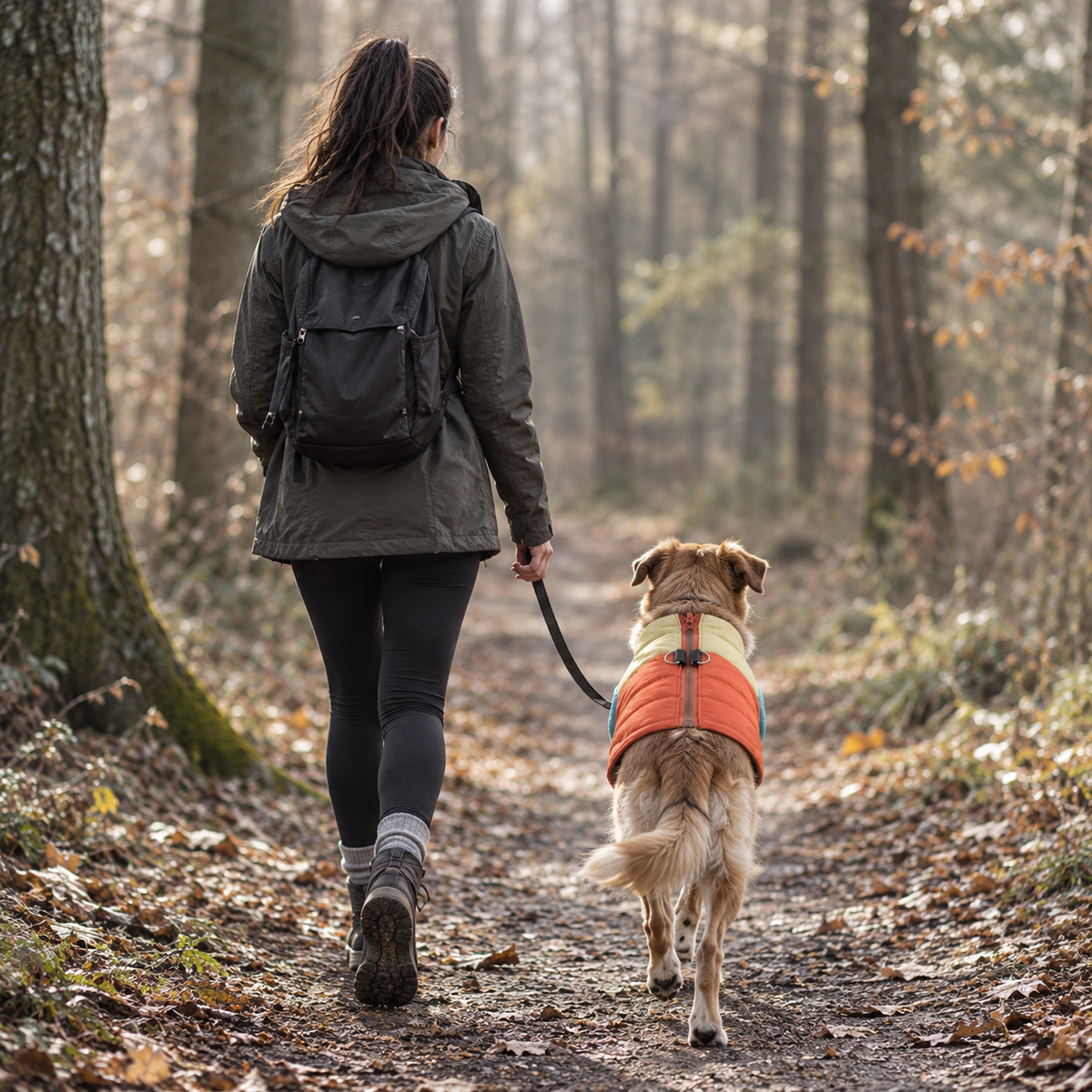 Junge Frau mit Hund an der Leine. Der Hund mit mehrfarbigen Hundemantel beim entspannten Waldspaziergang