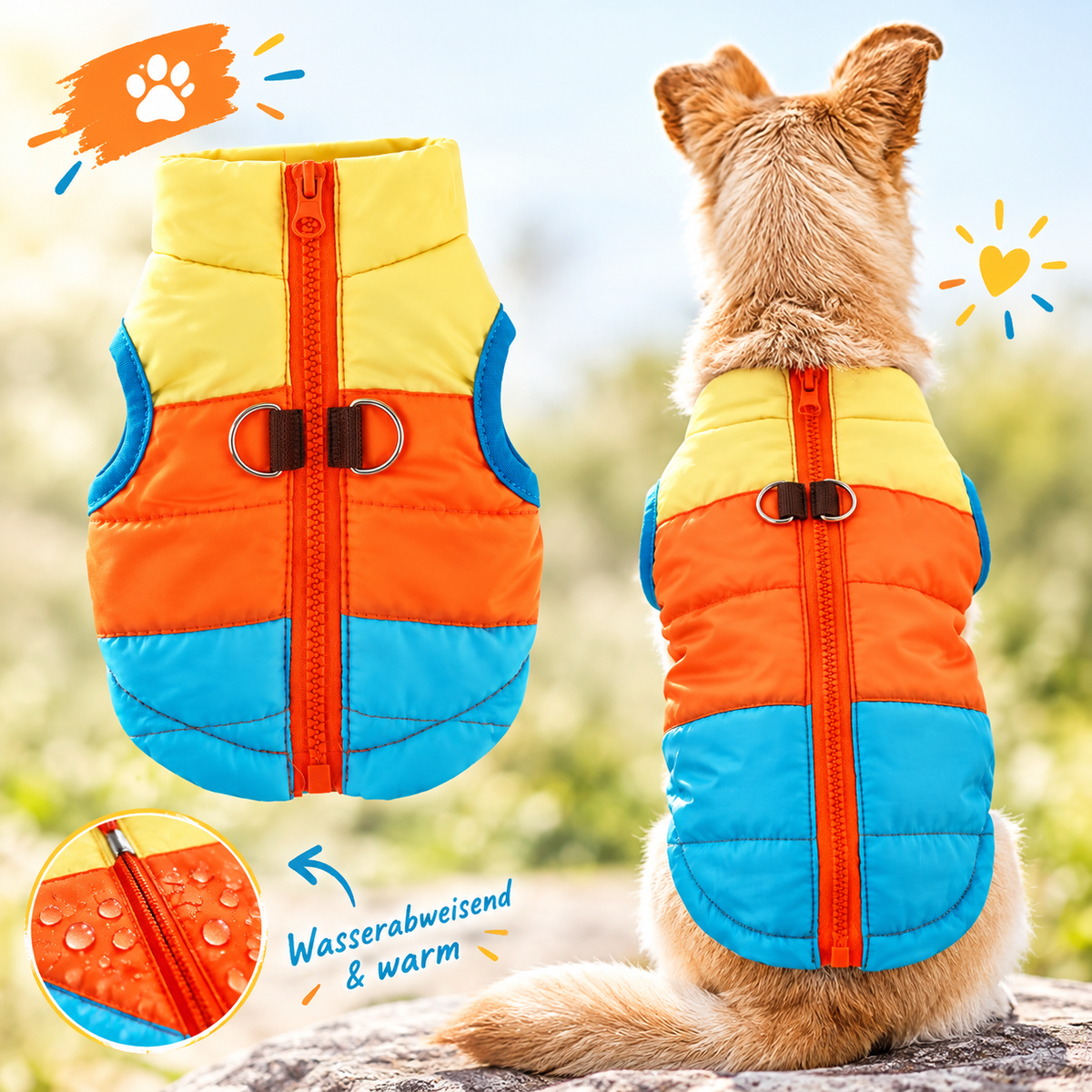 Hundemantel Gelb Orange, Blau mit Reißverschluss für mittlere Hunde