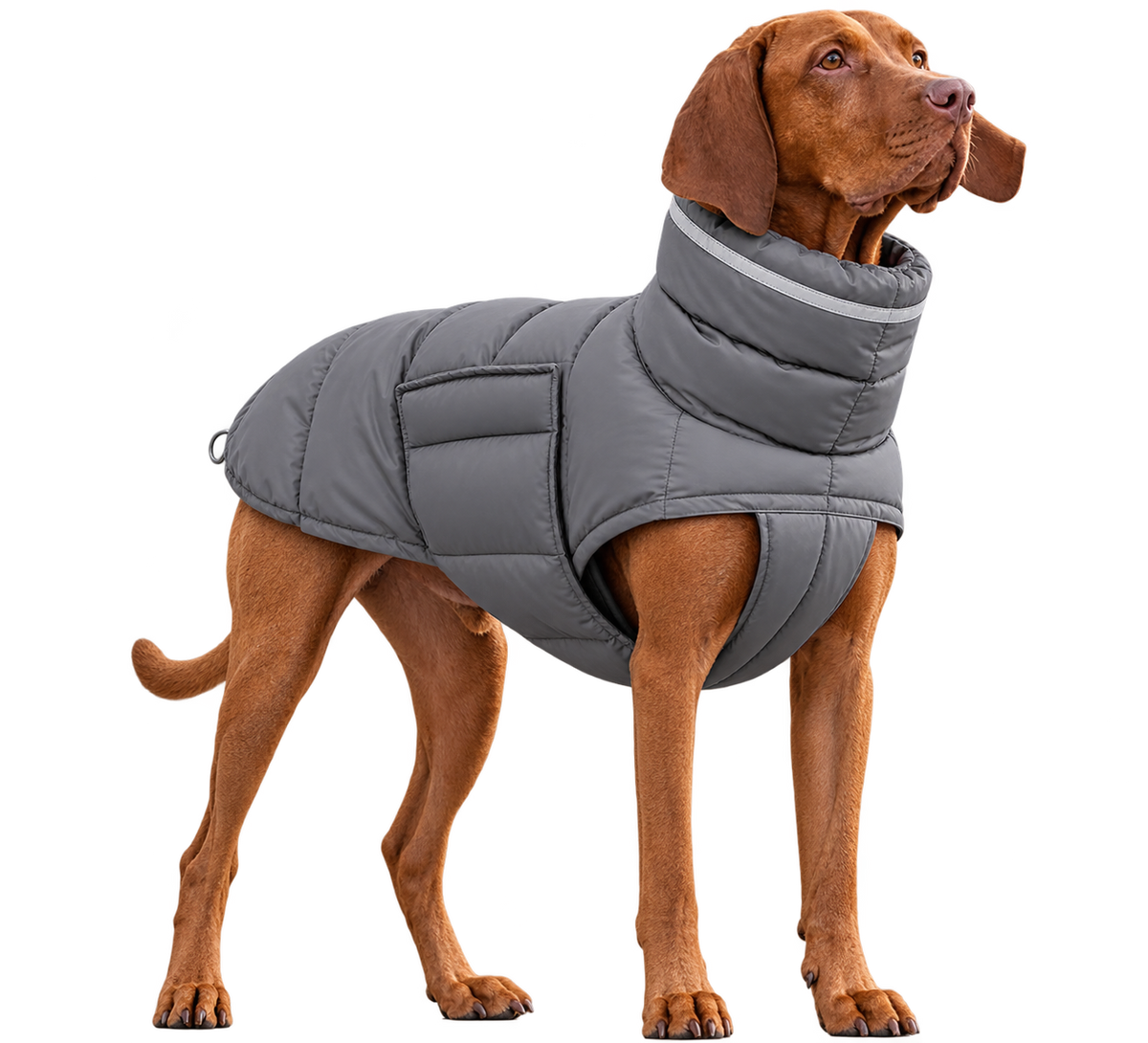 Ein brauner Hund bekleidet mit Hundemantel in Grau