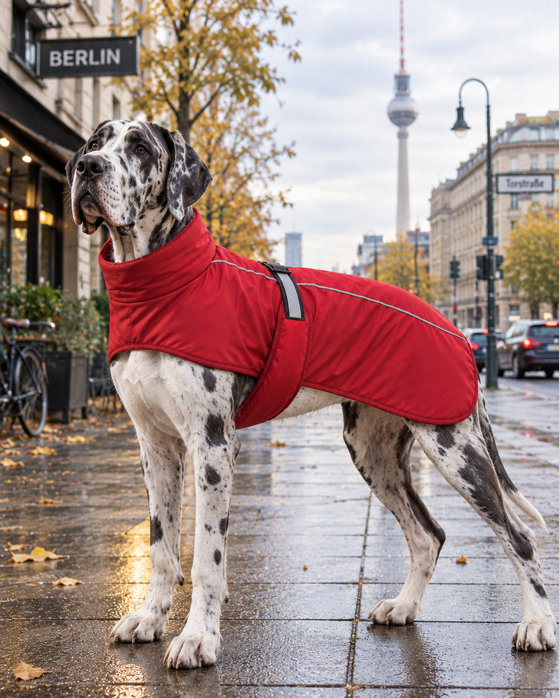 Roter Hundemantel an gefleckter Dogge, Hintergrund Berliner Straßen und Fernsehturm